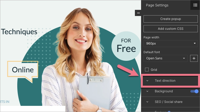 Text direction tab in Page Settings