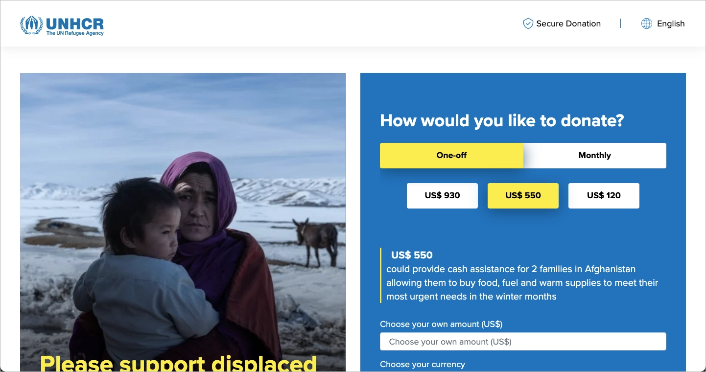 Beispiel f&uuml;r eine Fundraising-Landingpage: UNHCR