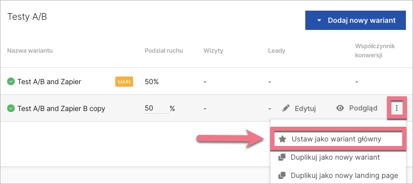 Ustaw wariant landing page'a jako gł&oacute;wny do test&oacute;w A/B