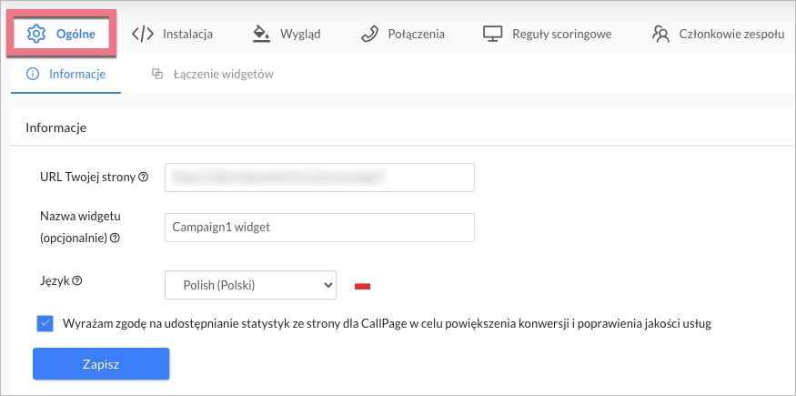 Ustawienia og&oacute;lne widgetu