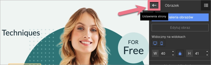 Strzałka powracająca do Ustawień strony