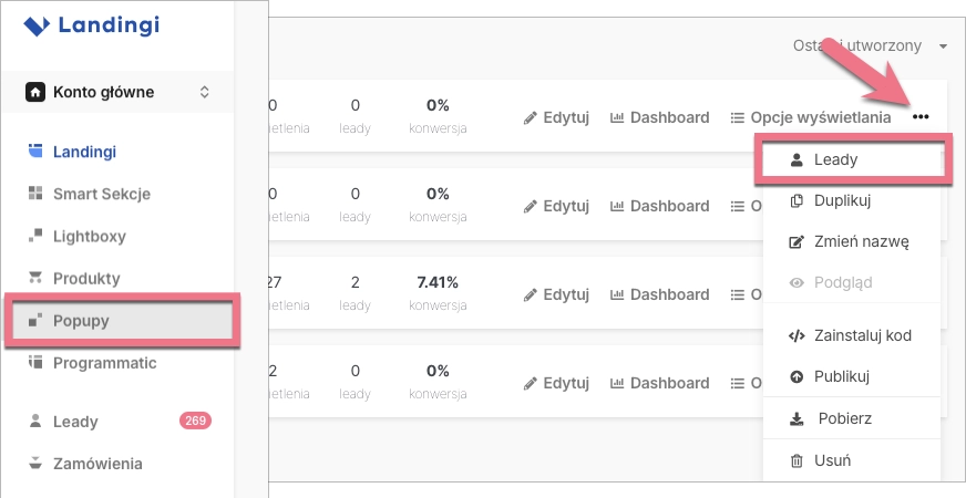 Leady z pop-up&oacute;w