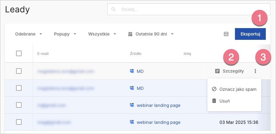 Działania na liście lead&oacute;w