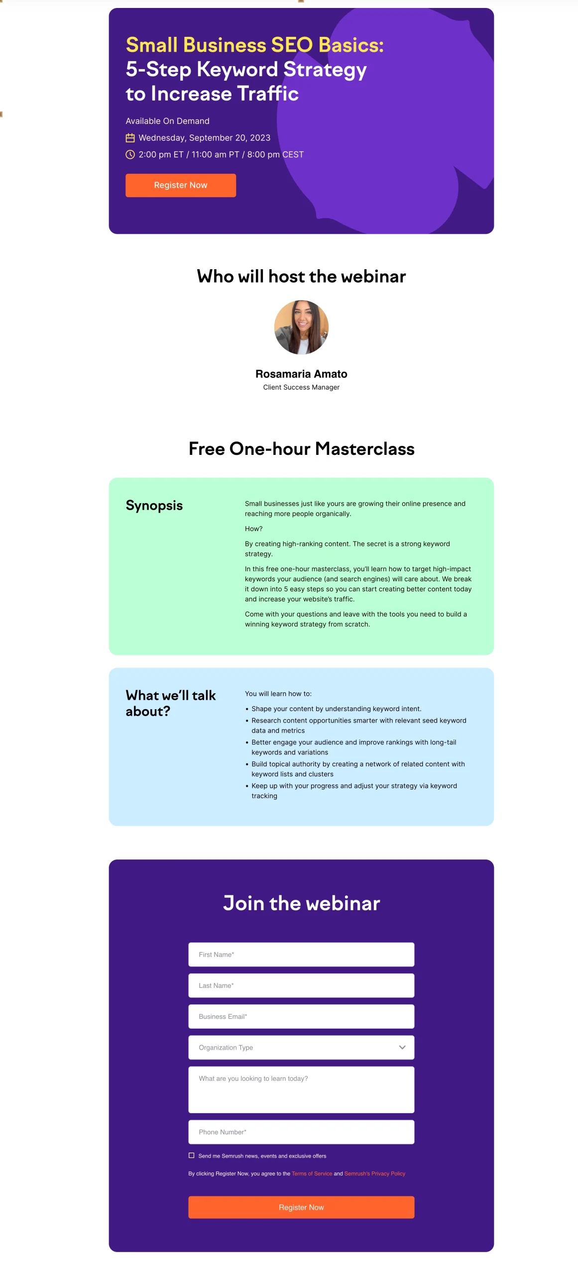 Semrush Academy webinar one-pager.