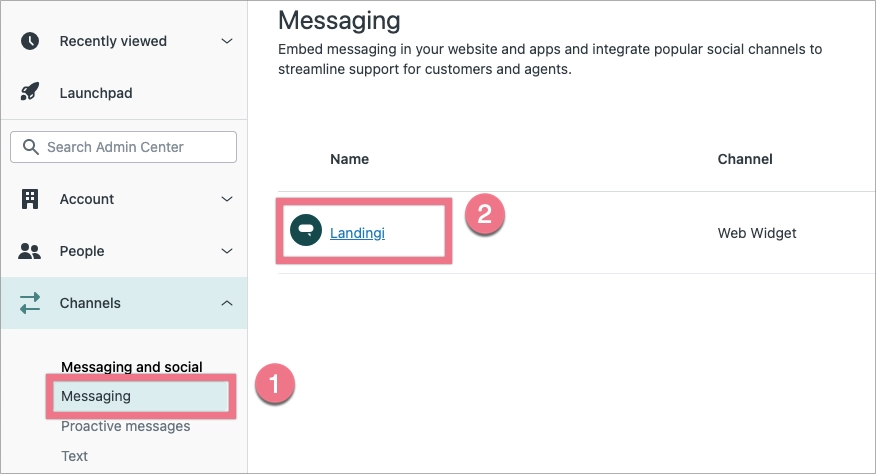 Zendesk Messaging channel list with Web Widget selected