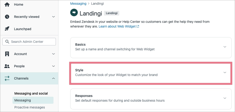 Zendesk Web Widget style settings highlighted in Admin Center