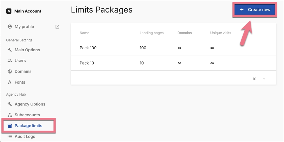 Limit packages in Landingi