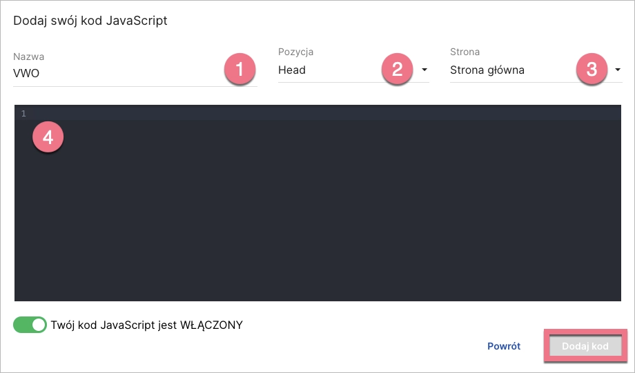 Wklejanie kodu w Landingi dla integracji z VWO