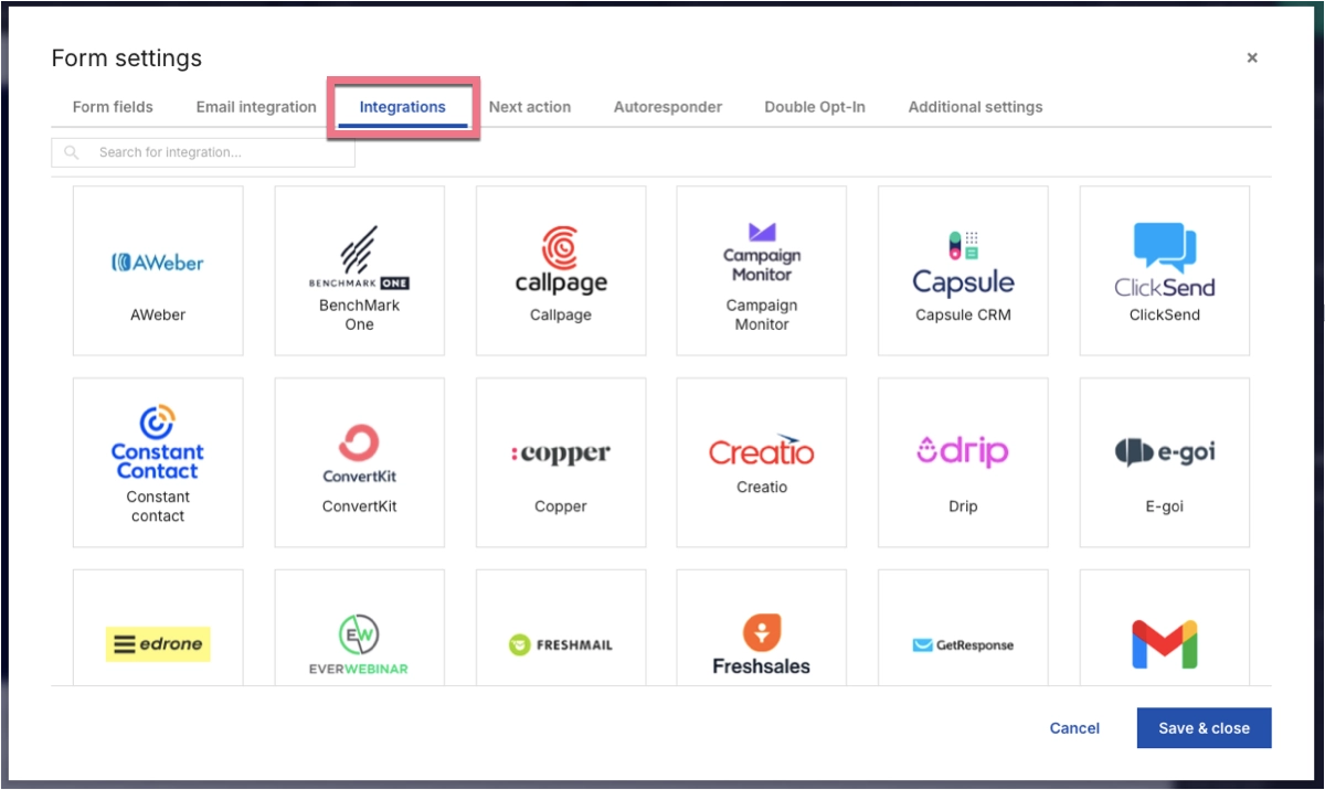 Integrations tab in form settings