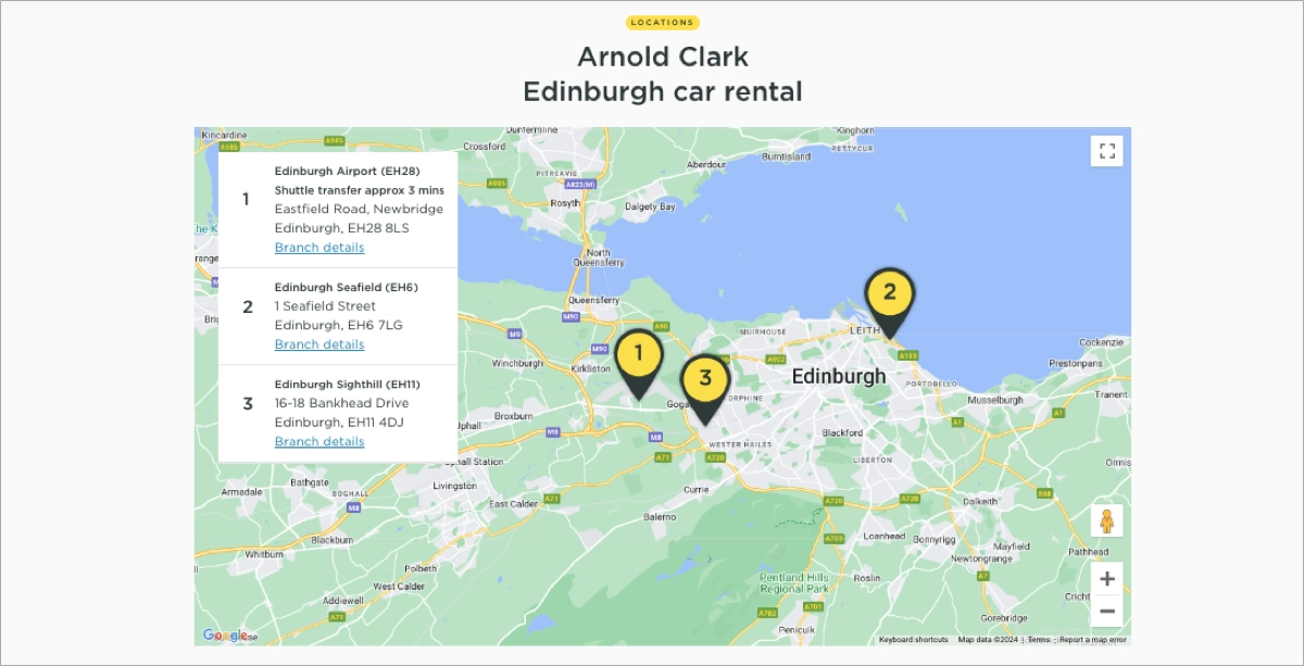 car rental landing page with a map