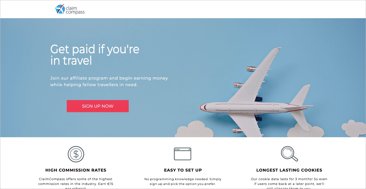 Esempio di pagina di affiliazione per un'azienda di viaggi
