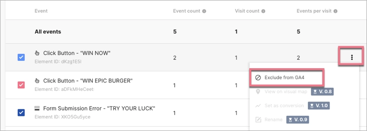 EventTracker and GA4 integration, Exclude events