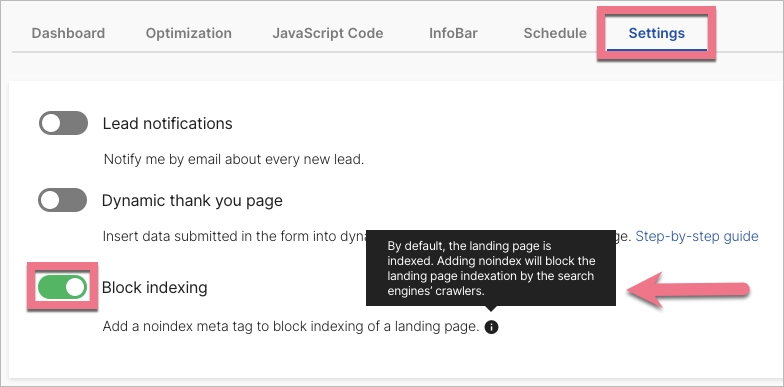 Disabling indexing a landing page