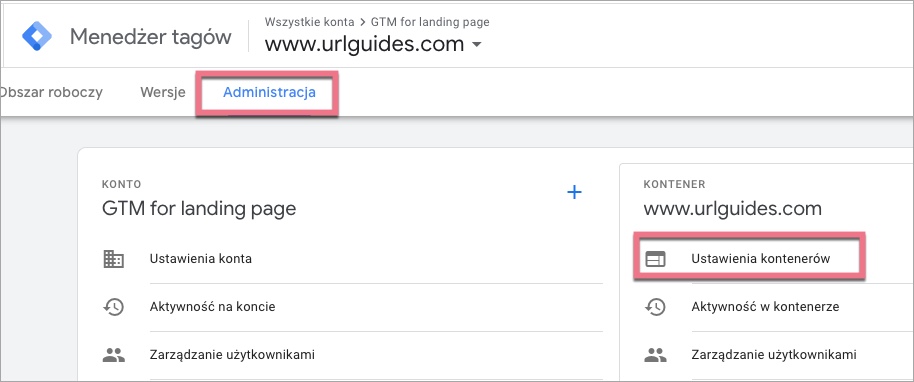 Ustawienia kontener&oacute;w GTM