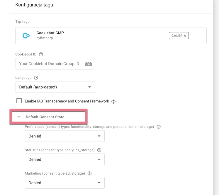 Default Consent State dla Cookiebot CMP w GTM
