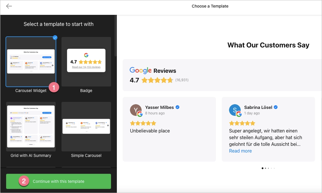 Zielony przycisk Kontynuuj z tym szablonem