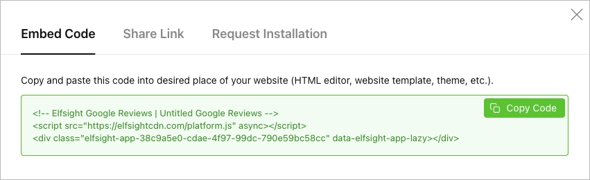 Fragment kodu wyróżniony na stronie instalacji widżetu w witrynie, z zielonym przyciskiem Kopiuj kod