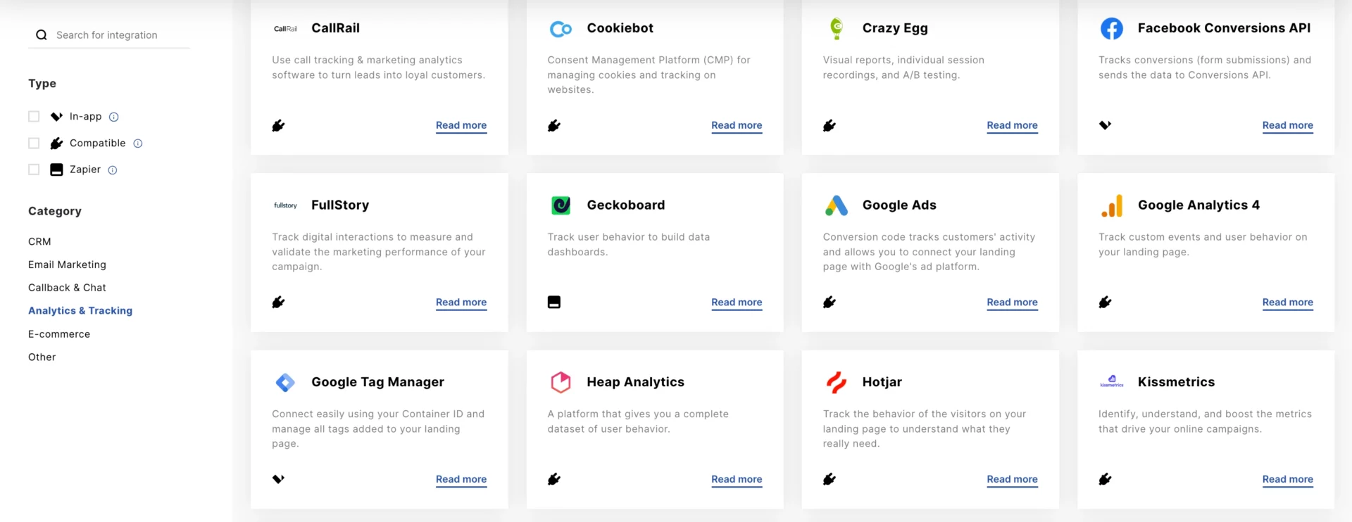 landing page builder integrations with external apps