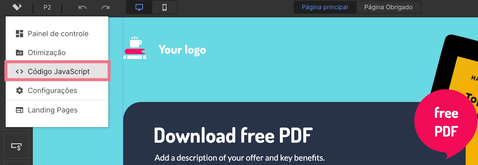 Adi&ccedil;&atilde;o de c&oacute;digo JavaScript no criador de p&aacute;ginas