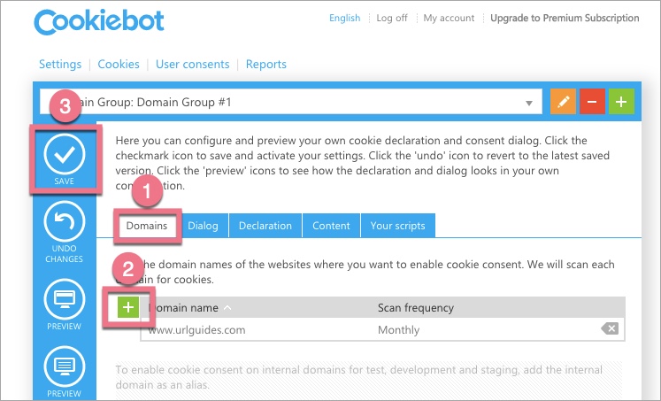 Domains section in Cookiebot Manager