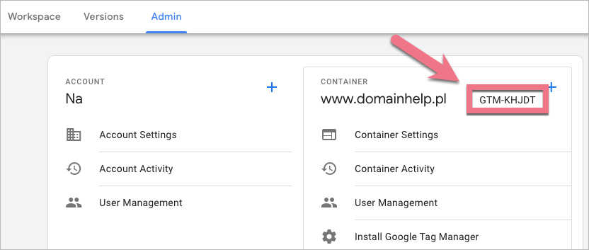 GTM container ID in Admin view