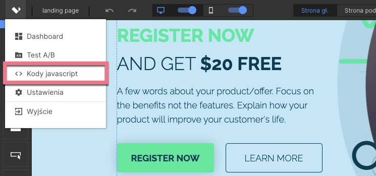 Adding JavaScript code in the page creator
