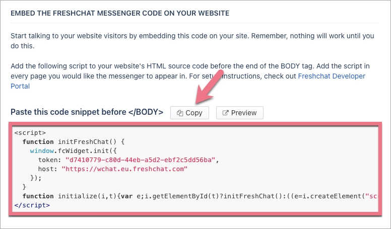 Copiar o c&oacute;digo JavaScript do chat (Freshchat) para aplic&aacute;-lo em uma landing page