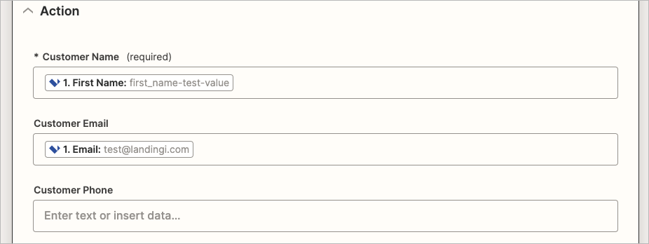 Configuring fields in the Action section