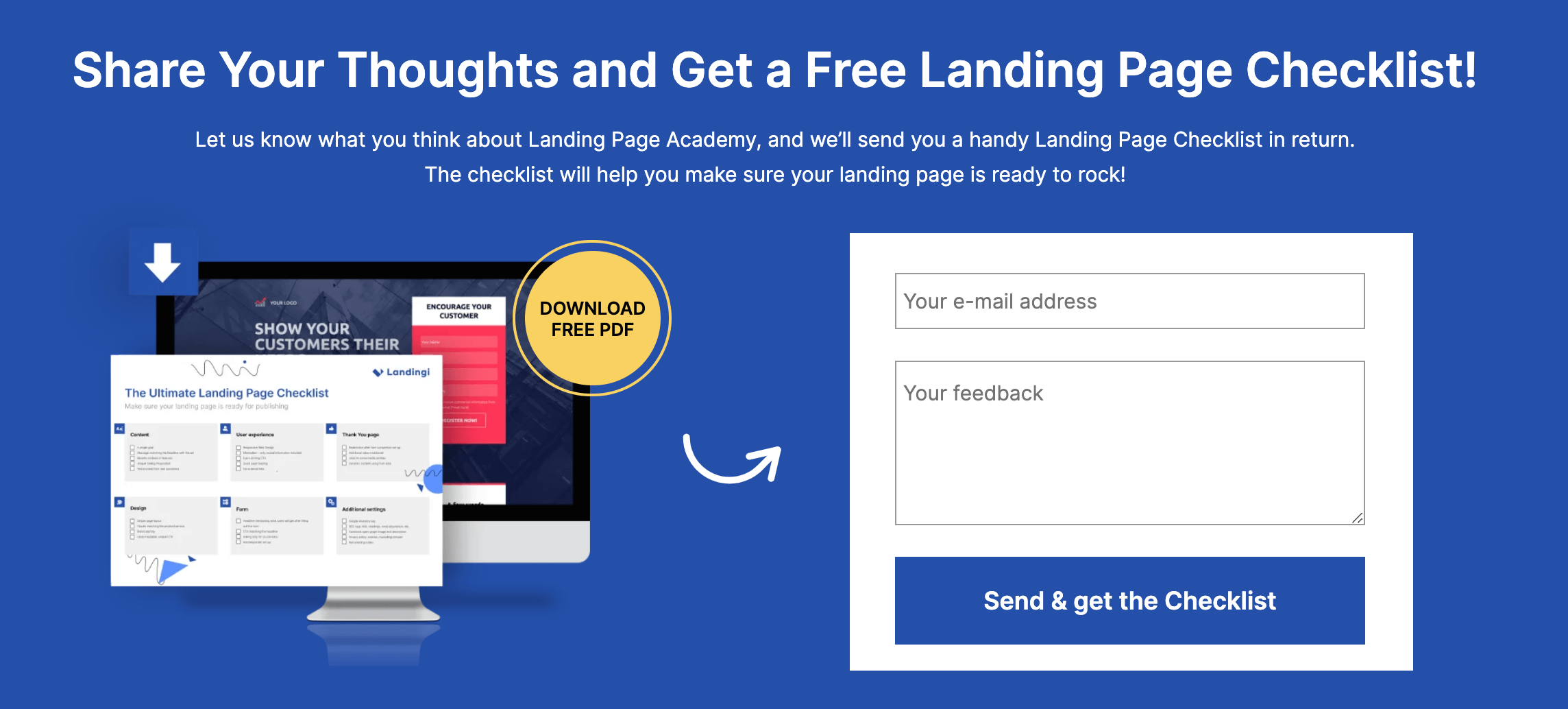 Przykładowy formularz na stronie kursu Landingi z prośbą o opinie