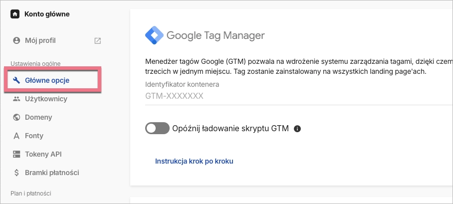 Gł&oacute;wne opcje i GTM w Landingi
