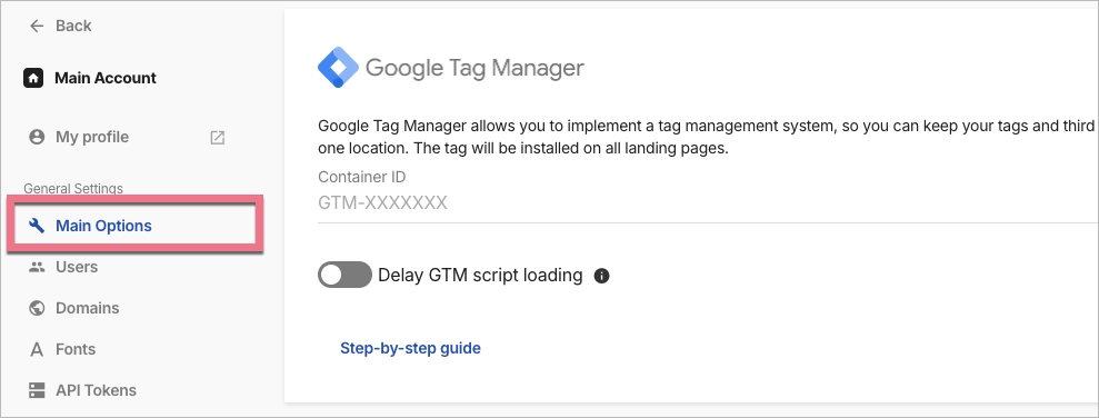 GTM in Main Options in Landingi