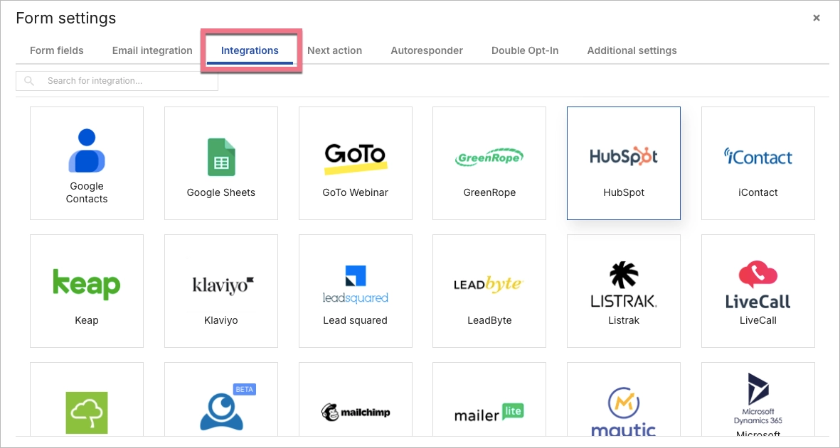 Integrations tab