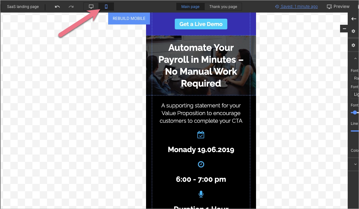 Mobile view editor in Landingi
