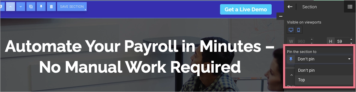 Pinning a section to the top of a landing page