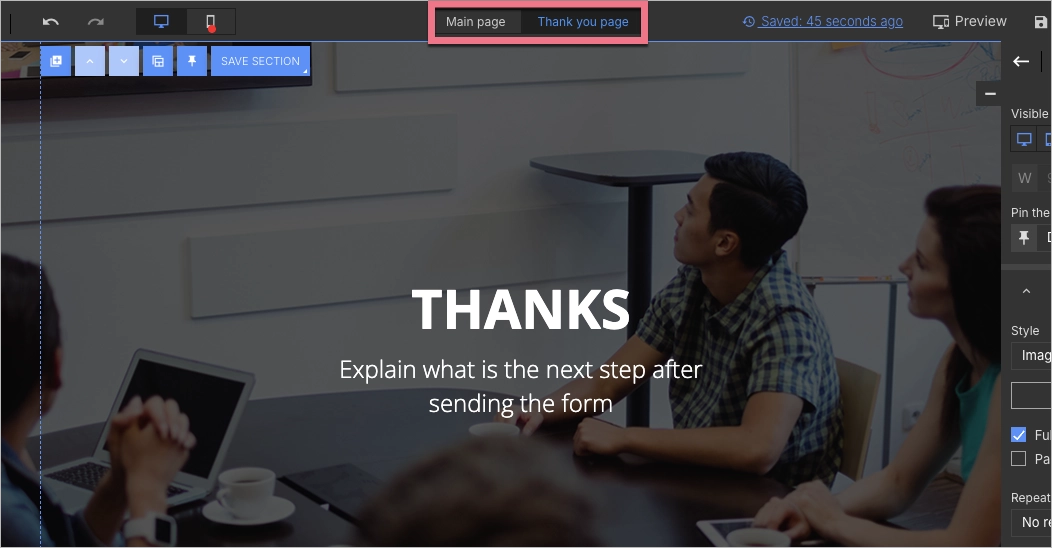 Thank you page editor view
