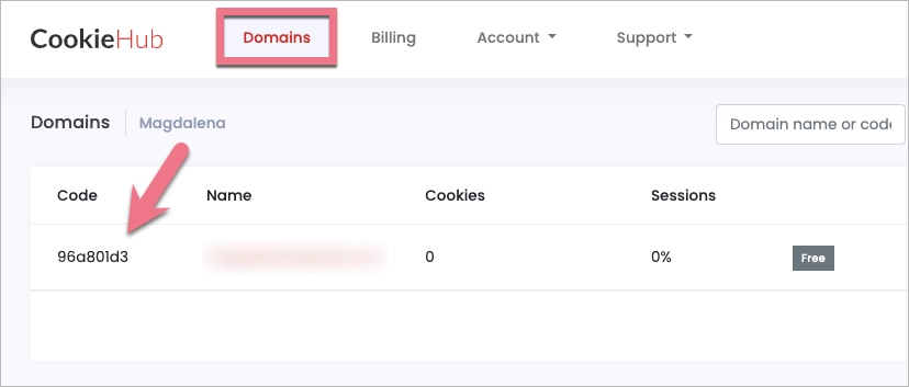 Gdzie znaleźć kod domeny w CookieHub