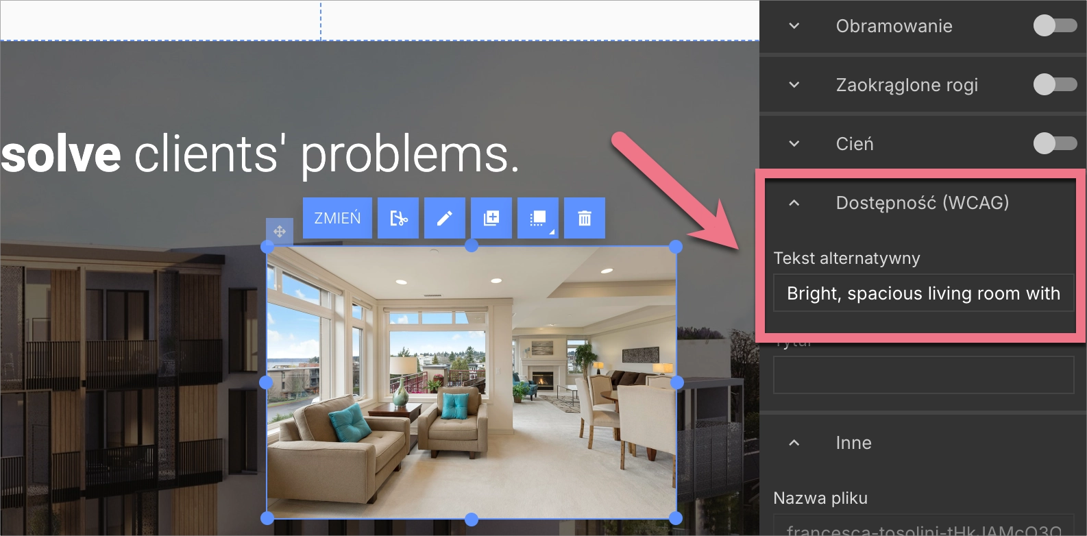 Wpisywanie opisu ALT dla obrazu landing page'a