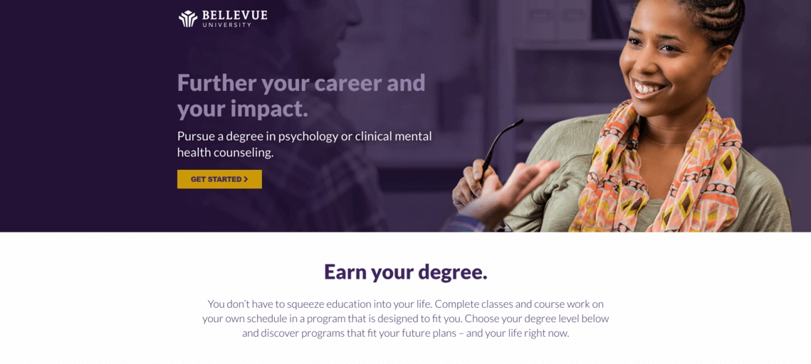 A landing page da Bellevue University fornece informa&ccedil;&otilde;es sobre o curso de Psicologia