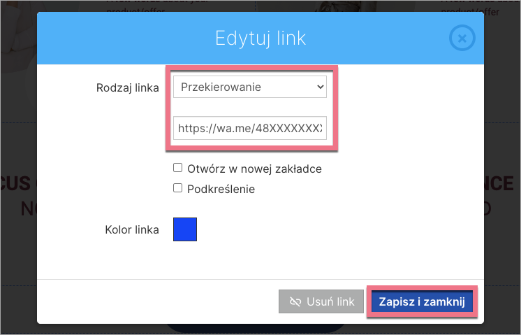przekierowanie do whatsappa na landing page