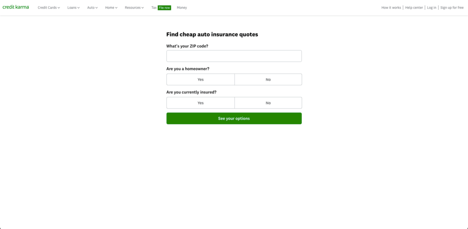 Credit Karma Versicherung landing page