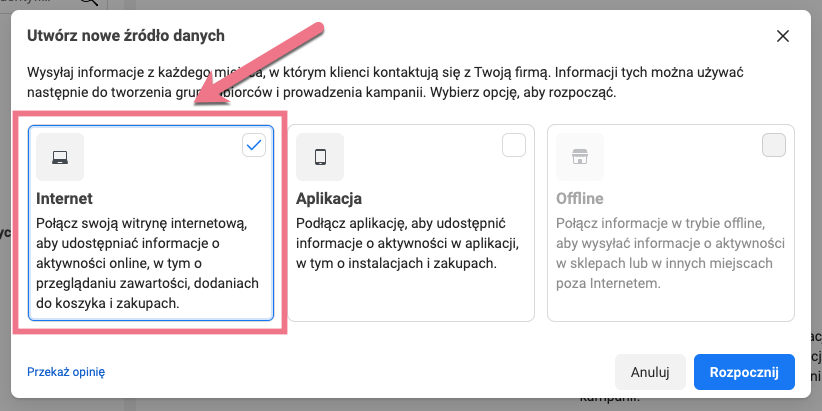 Zdjęcie z panelu konfiguracji Piksela Facebooka. Wyb&oacute;r źr&oacute;dła danych do konfiguracji z Landingi.