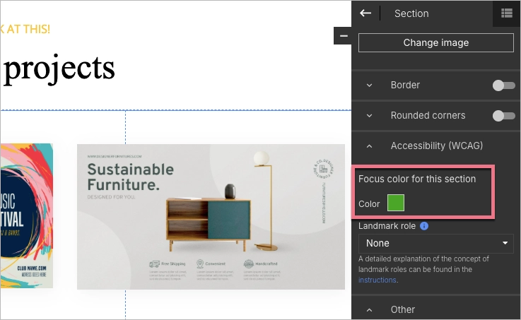 Editor panel showing the option to set the focus color for a selected landing page section