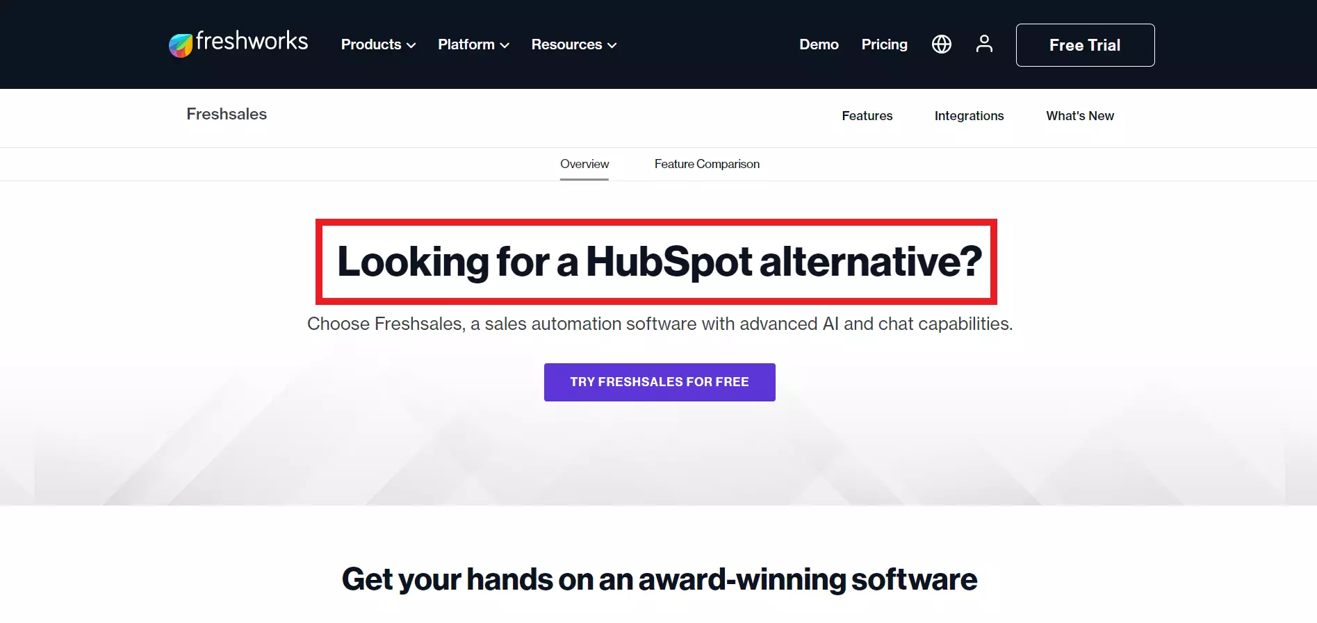 Landing page dynamiczny Freshworks dla słowa kluczowego HubSpot alternative