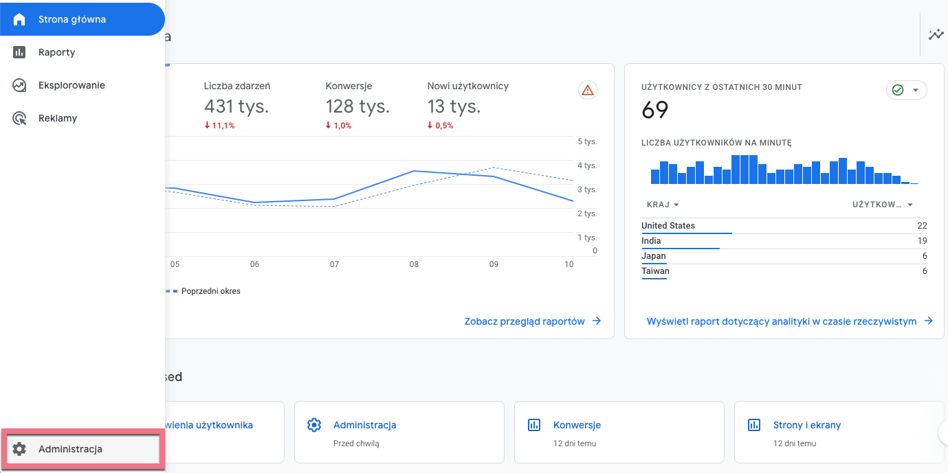 Przejdź do Administracji w GA4