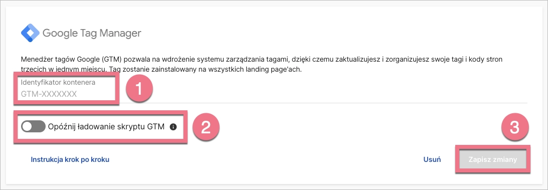 Dodawanie identyfikatora GTM w Landingi