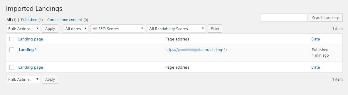 Una lista con landing pages importados en WordPress