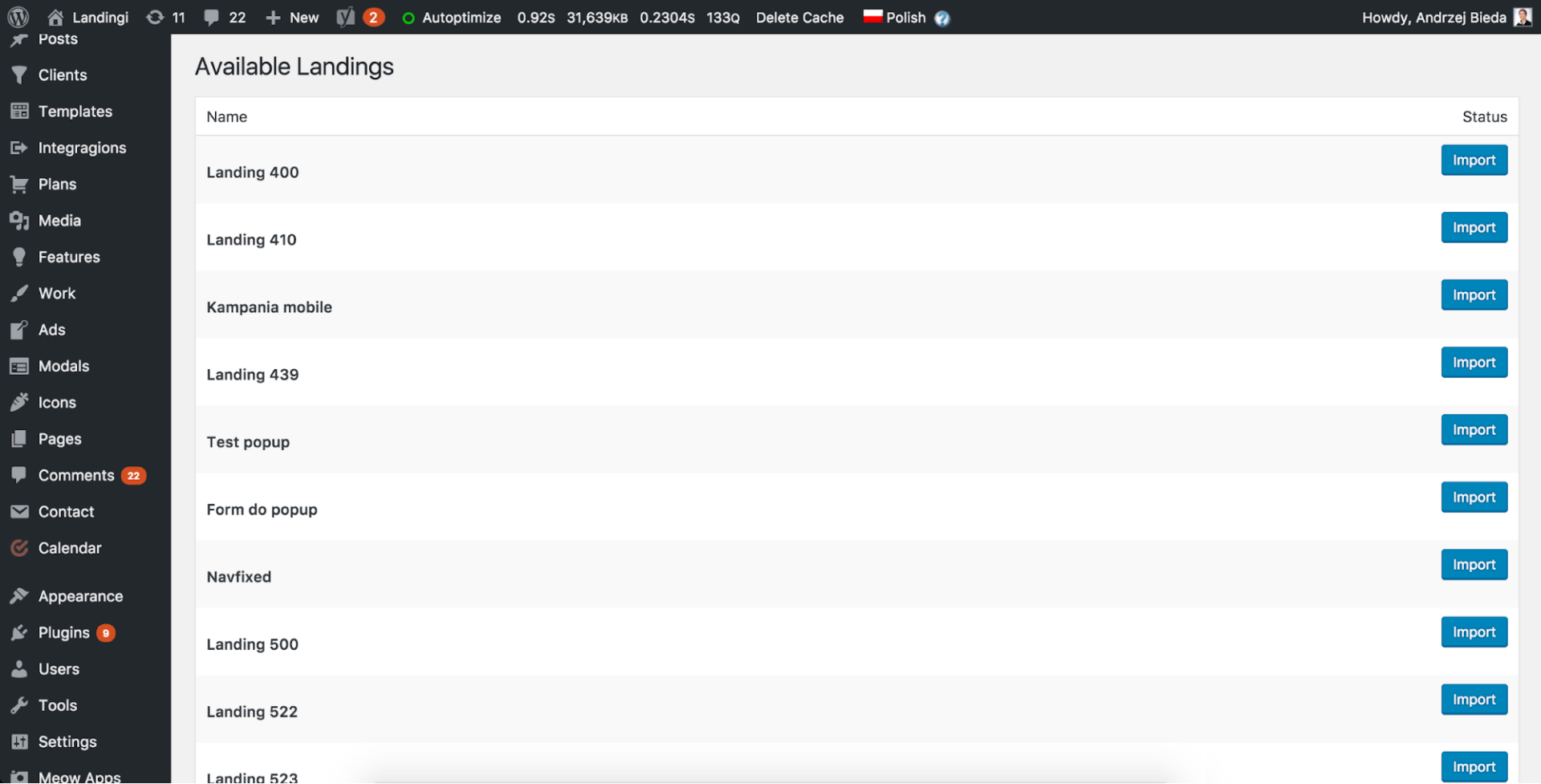 Una lista con landing pages disponible para importar a WordPress