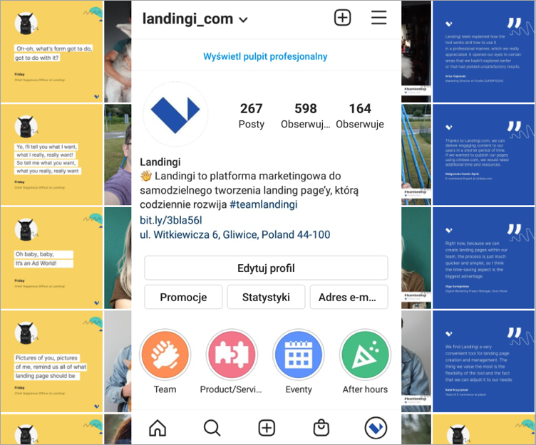 landing page na instagramie