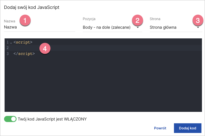 Dodawanie kodu JavaScript do strony gł&oacute;wnej
