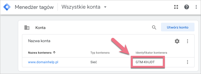 Identyfikator kontenera GTM na liście kont